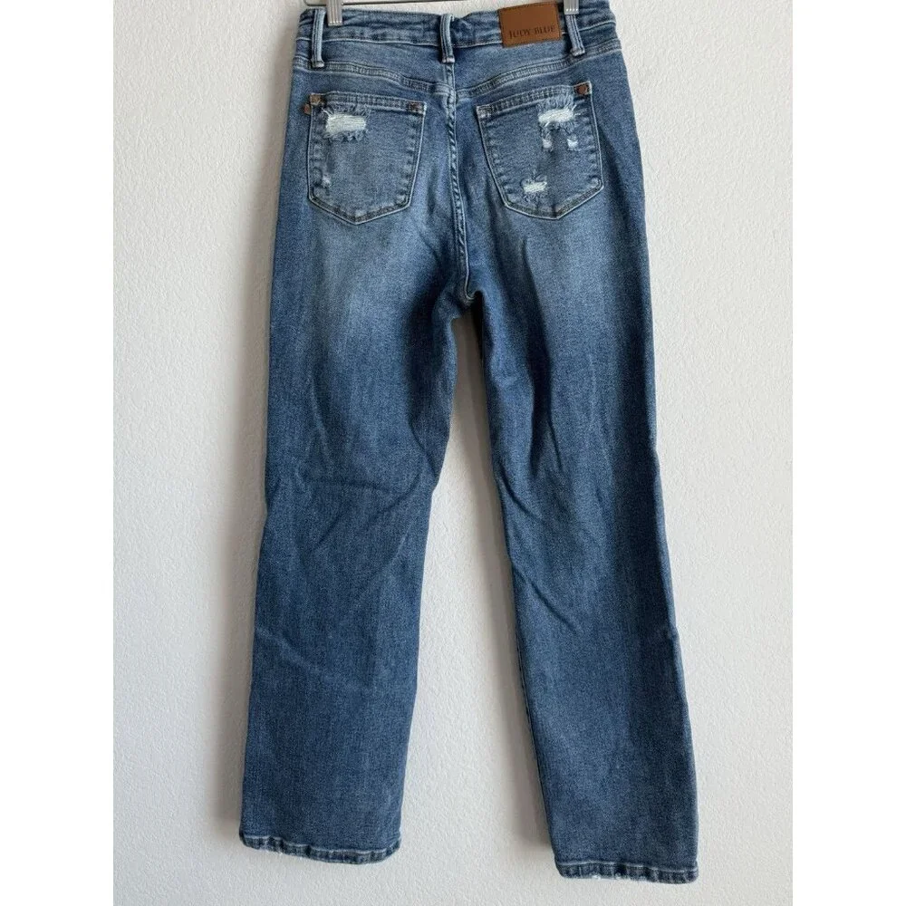 Judy Blue Jeans Women’s 7/28 Straight Fit Mid Rise Distressed Stretch‎ Denim